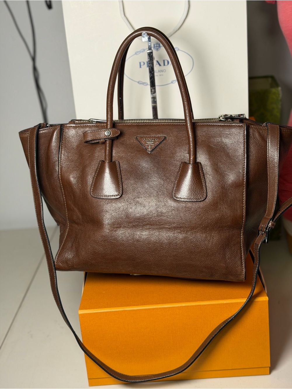 Authentic Prada Twin Pocket Brown Leather Tote Shoulder Bag + COA